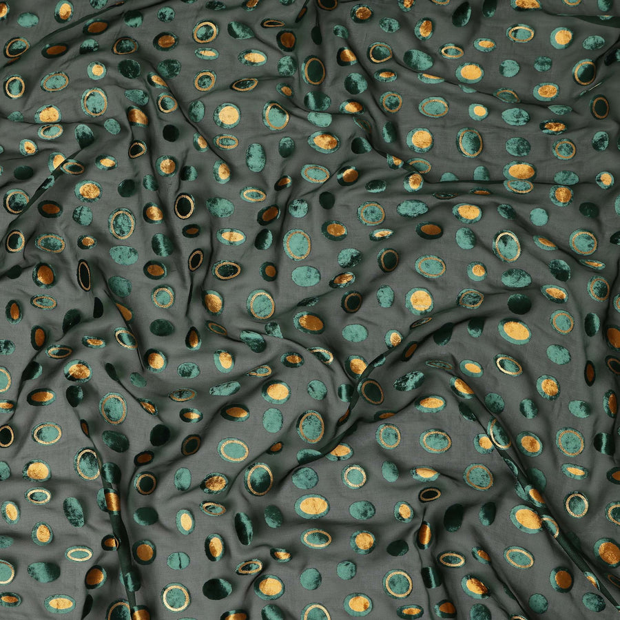 Dark Forest Green Gold Velvet Polka Dot Sheer Synthetic Velvet Chiffon Fabric Textured Metallic Circle Designer Fashion Fabric 140 Cms Width India Origin-D28516