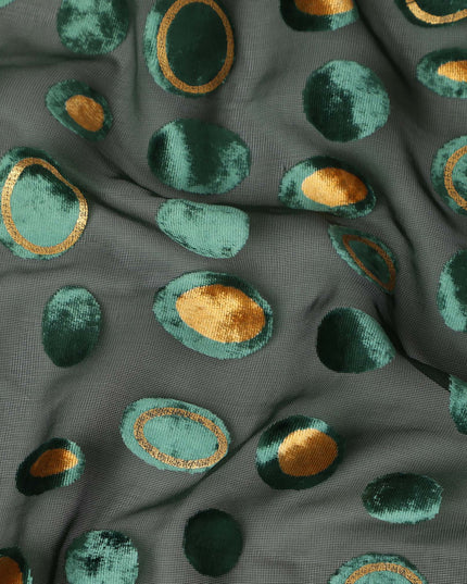Dark Forest Green Gold Velvet Polka Dot Sheer Synthetic Velvet Chiffon Fabric Textured Metallic Circle Designer Fashion Fabric 140 Cms Width India Origin-D28516