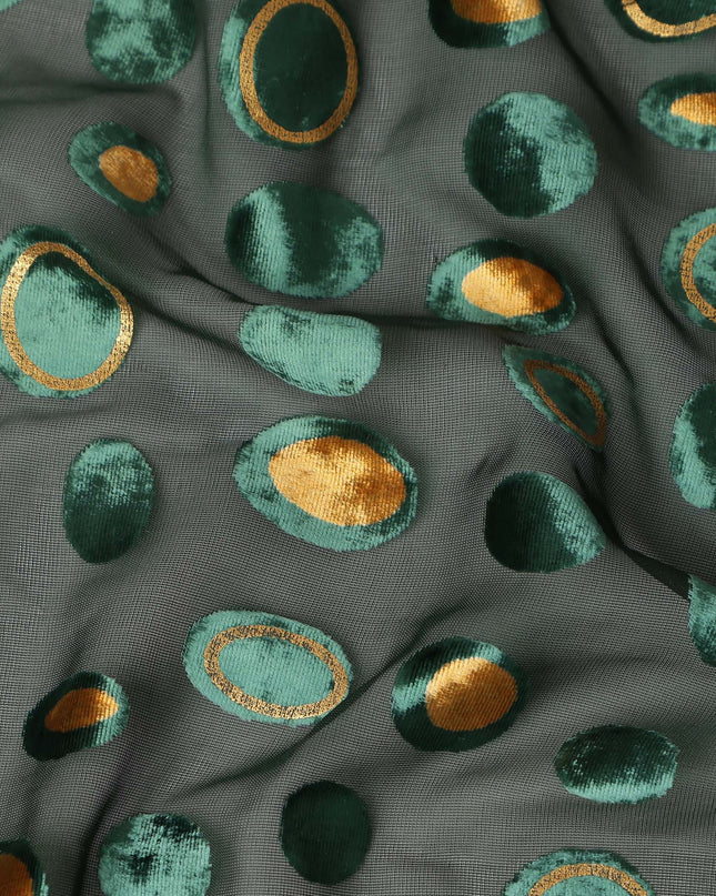 Dark Forest Green Gold Velvet Polka Dot Sheer Synthetic Velvet Chiffon Fabric Textured Metallic Circle Designer Fashion Fabric 140 Cms Width India Origin-D28516
