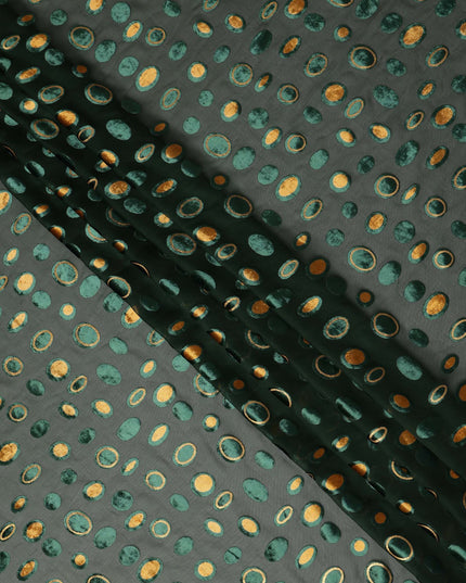 Dark Forest Green Gold Velvet Polka Dot Sheer Synthetic Velvet Chiffon Fabric Textured Metallic Circle Designer Fashion Fabric 140 Cms Width India Origin-D28516