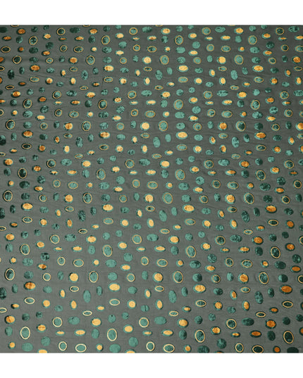 Dark Forest Green Gold Velvet Polka Dot Sheer Synthetic Velvet Chiffon Fabric Textured Metallic Circle Designer Fashion Fabric 140 Cms Width India Origin-D28516