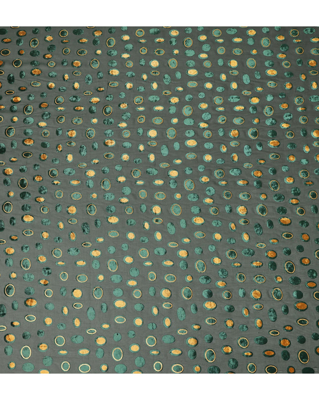 Dark Forest Green Gold Velvet Polka Dot Sheer Synthetic Velvet Chiffon Fabric Textured Metallic Circle Designer Fashion Fabric 140 Cms Width India Origin-D28516