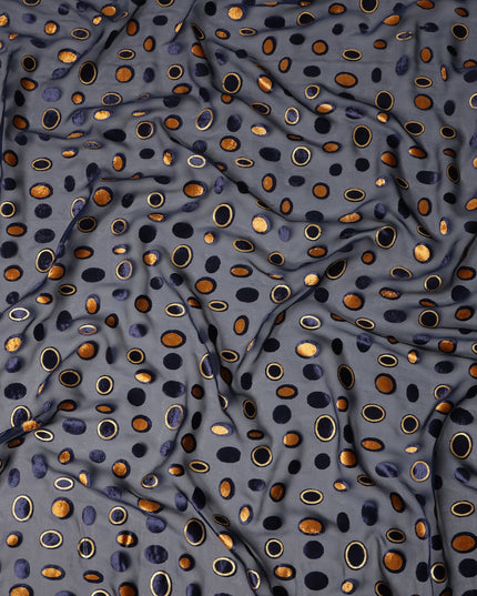Navy Blue Gold Velvet Polka Dot Sheer Synthetic Velvet Chiffon Fabric Textured Metallic Circle Designer Fashion Fabric 140 Cms Width India Origin-D28517