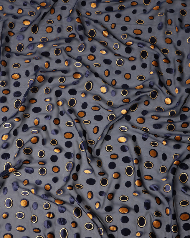 Navy Blue Gold Velvet Polka Dot Sheer Synthetic Velvet Chiffon Fabric Textured Metallic Circle Designer Fashion Fabric 140 Cms Width India Origin-D28517