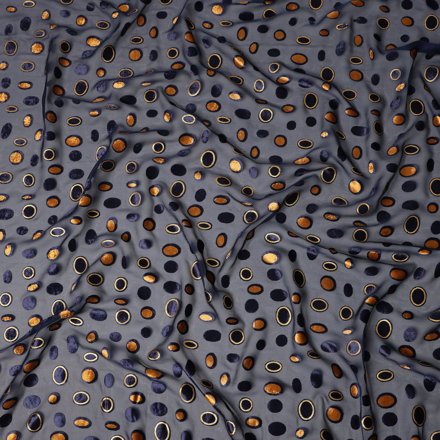 Navy Blue Gold Velvet Polka Dot Sheer Synthetic Velvet Chiffon Fabric Textured Metallic Circle Designer Fashion Fabric 140 Cms Width India Origin-D28517