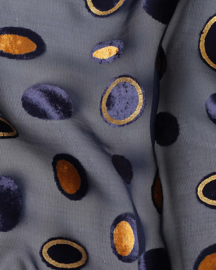 Navy Blue Gold Velvet Polka Dot Sheer Synthetic Velvet Chiffon Fabric Textured Metallic Circle Designer Fashion Fabric 140 Cms Width India Origin-D28517