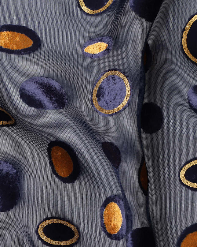 Navy Blue Gold Velvet Polka Dot Sheer Synthetic Velvet Chiffon Fabric Textured Metallic Circle Designer Fashion Fabric 140 Cms Width India Origin-D28517