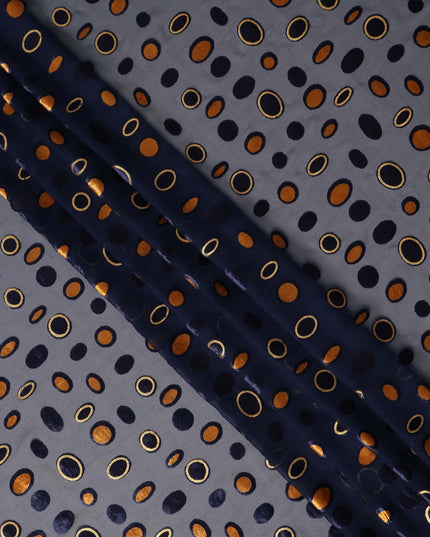 Navy Blue Gold Velvet Polka Dot Sheer Synthetic Velvet Chiffon Fabric Textured Metallic Circle Designer Fashion Fabric 140 Cms Width India Origin-D28517