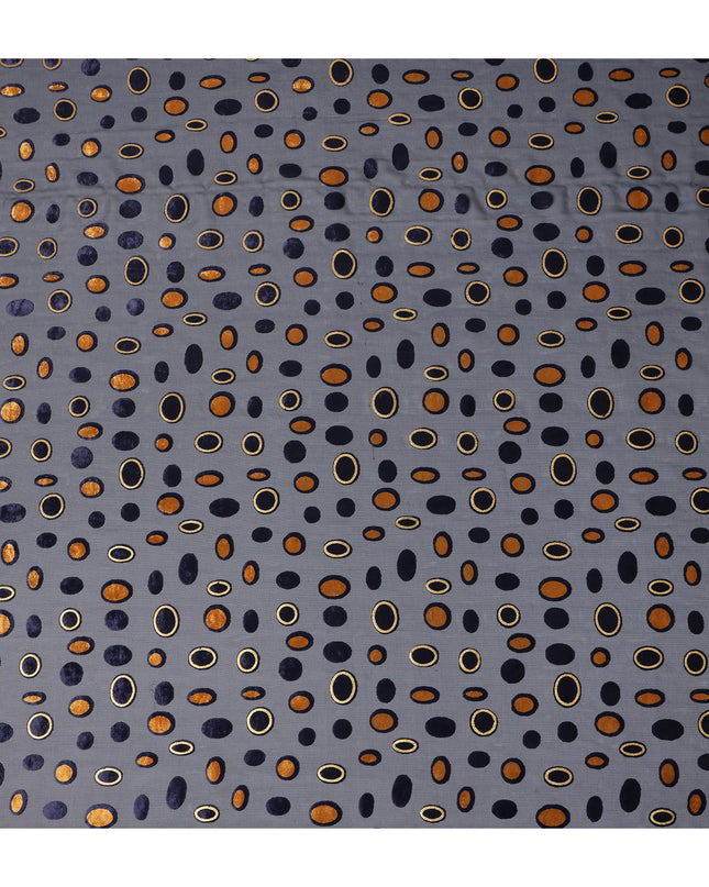 Navy Blue Gold Velvet Polka Dot Sheer Synthetic Velvet Chiffon Fabric Textured Metallic Circle Designer Fashion Fabric 140 Cms Width India Origin-D28517