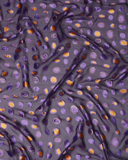 Purple Gold Velvet Polka Dot Sheer Synthetic Velvet Chiffon Fabric Textured Metallic Circle Designer Fashion Fabric 140 Cms Width India Origin-D28518