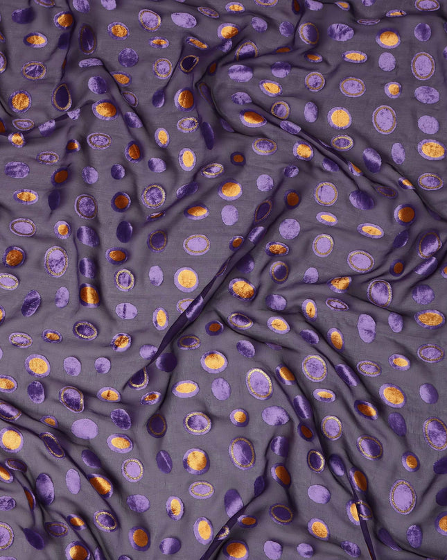 Purple Gold Velvet Polka Dot Sheer Synthetic Velvet Chiffon Fabric Textured Metallic Circle Designer Fashion Fabric 140 Cms Width India Origin-D28518