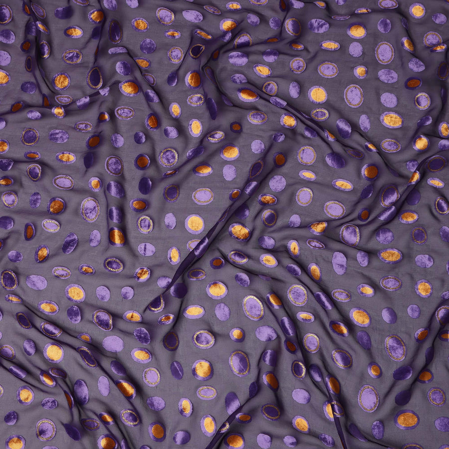 Purple Gold Velvet Polka Dot Sheer Synthetic Velvet Chiffon Fabric Textured Metallic Circle Designer Fashion Fabric 140 Cms Width India Origin-D28518
