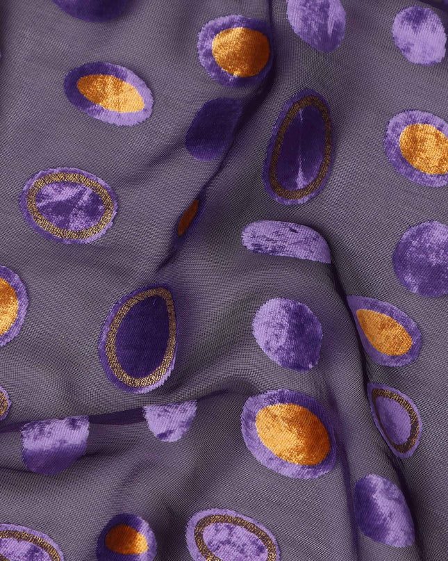 Purple Gold Velvet Polka Dot Sheer Synthetic Velvet Chiffon Fabric Textured Metallic Circle Designer Fashion Fabric 140 Cms Width India Origin-D28518