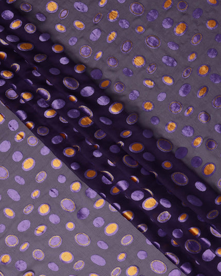 Purple Gold Velvet Polka Dot Sheer Synthetic Velvet Chiffon Fabric Textured Metallic Circle Designer Fashion Fabric 140 Cms Width India Origin-D28518