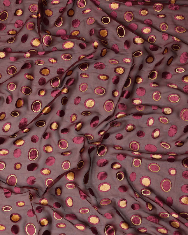 Wine Red Gold Velvet Polka Dot Sheer Synthetic Velvet Chiffon Fabric Textured Metallic Circle Designer Fashion Fabric 140 Cms Width India Origin-D28515