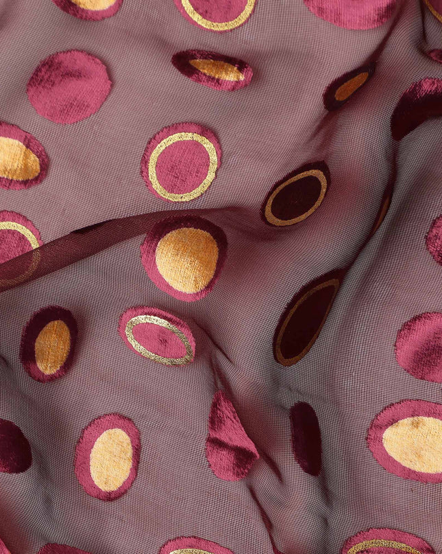 Wine Red Gold Velvet Polka Dot Sheer Synthetic Velvet Chiffon Fabric Textured Metallic Circle Designer Fashion Fabric 140 Cms Width India Origin-D28515