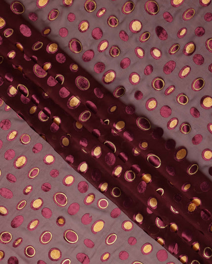 Wine Red Gold Velvet Polka Dot Sheer Synthetic Velvet Chiffon Fabric Textured Metallic Circle Designer Fashion Fabric 140 Cms Width India Origin-D28515