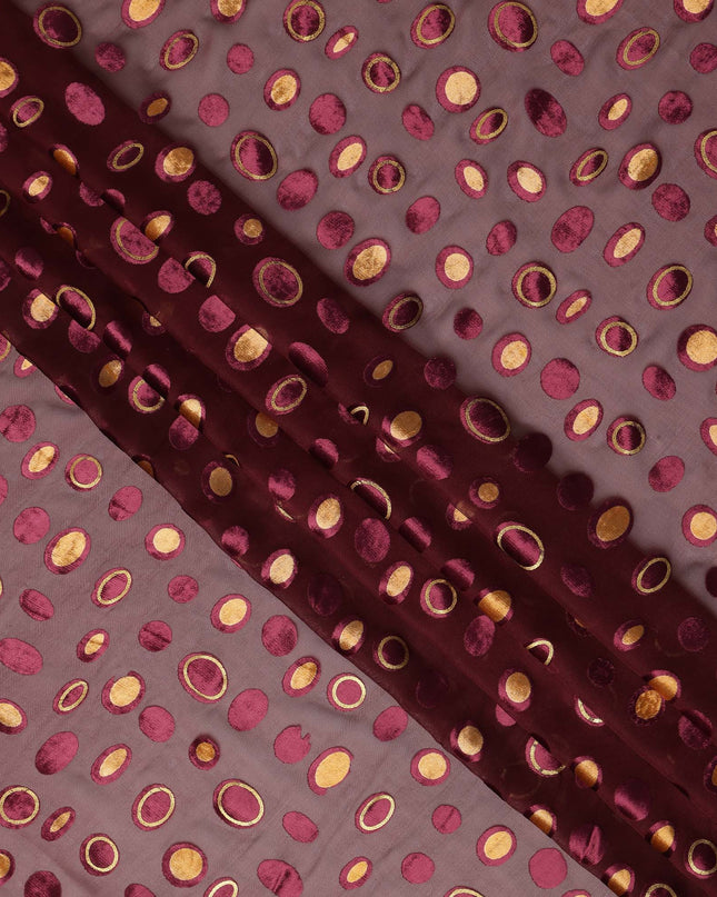 Wine Red Gold Velvet Polka Dot Sheer Synthetic Velvet Chiffon Fabric Textured Metallic Circle Designer Fashion Fabric 140 Cms Width India Origin-D28515