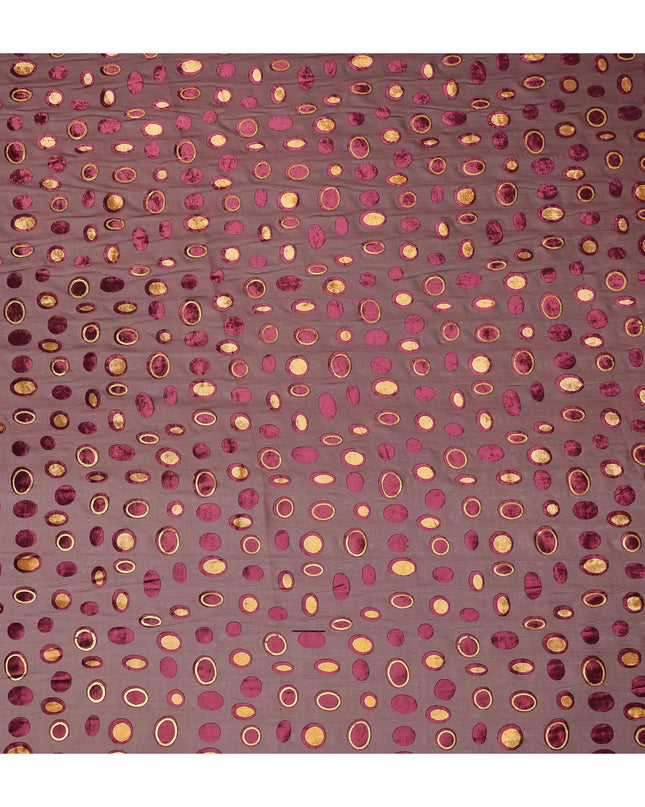 Wine Red Gold Velvet Polka Dot Sheer Synthetic Velvet Chiffon Fabric Textured Metallic Circle Designer Fashion Fabric 140 Cms Width India Origin-D28515