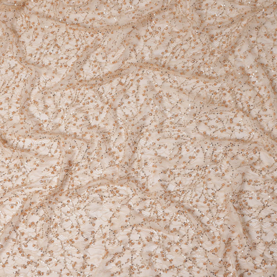 Beige Gold Sequin Floral Embroidered Nylon Tulle Fabric Designer Net Embroidery Fabric 140 Cms Width South Korea Origin-D28556 - Regal Fabrics