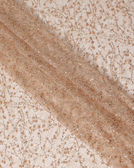 Beige Gold Sequin Floral Embroidered Nylon Tulle Fabric Designer Net Embroidery Fabric 140 Cms Width South Korea Origin-D28556 - Regal Fabrics