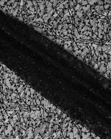 Black Abstract Floral Sequin Embroidered Nylon Tulle Fabric Designer Net Embroidery Fabric 140 Cms Width South Korea Origin-D28557 - Regal Fabrics