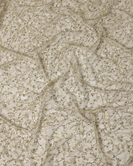 Champagne Olive Gold Sequin Abstract Floral Embroidered Nylon Tulle Fabric Designer Net Embroidery Fabric 140 Cms Width South Korea Origin-D28558 - Regal Fabrics