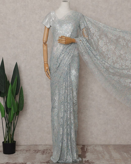 Icy Powder Blue Floral Metallic French Lace Saree Fabric