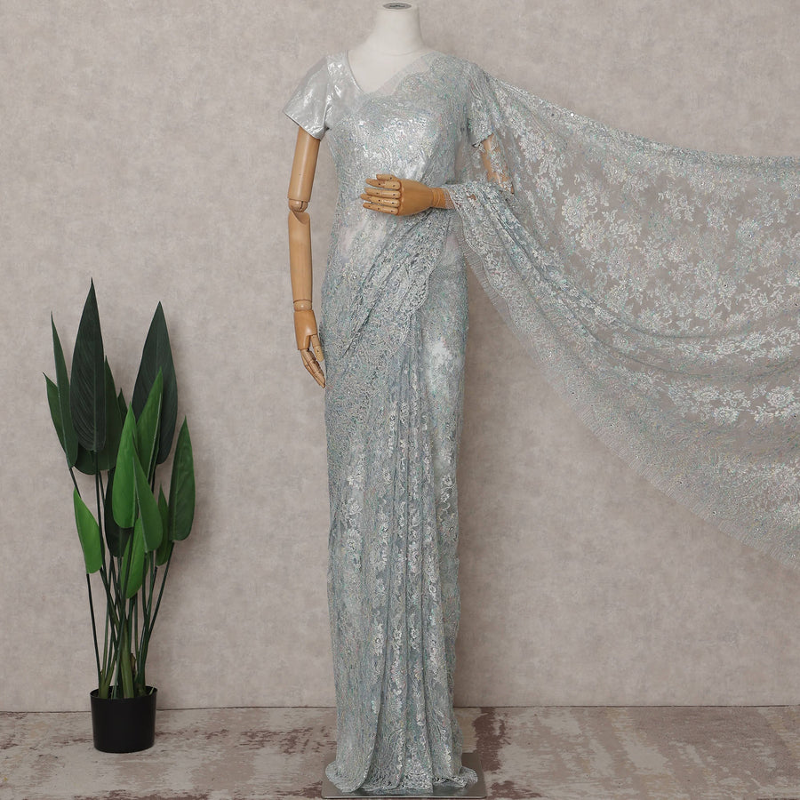 Icy Powder Blue Floral Metallic French Lace Saree Fabric