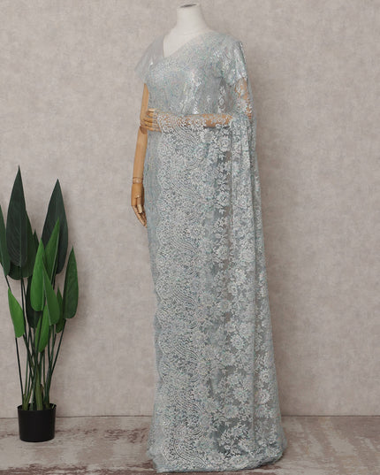 Icy Powder Blue Floral Metallic French Lace Saree Fabric