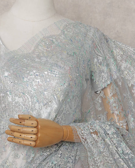 Icy Powder Blue Floral Metallic French Lace Saree Fabric