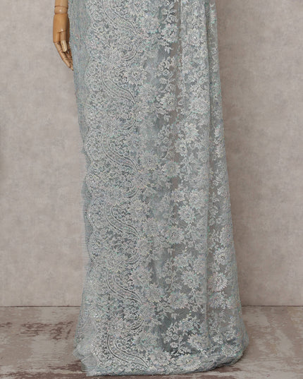 Icy Powder Blue Floral Metallic French Lace Saree Fabric