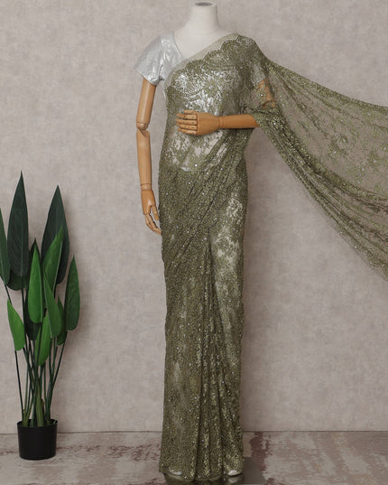 Antique Olive Gold Floral Metallic French Lace Saree Fabric