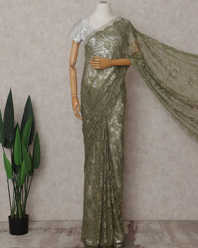 Antique Olive Gold Floral Metallic French Lace Saree Fabric