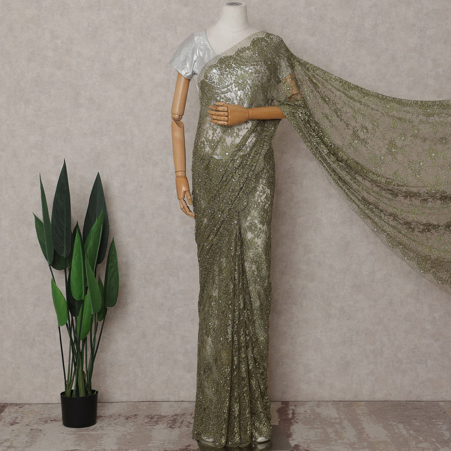 Antique Olive Gold Floral Metallic French Lace Saree Fabric