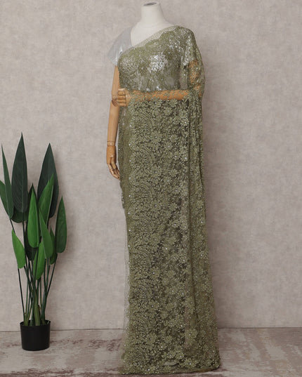Antique Olive Gold Floral Metallic French Lace Saree Fabric