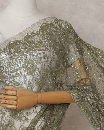 Antique Olive Gold Floral Metallic French Lace Saree Fabric