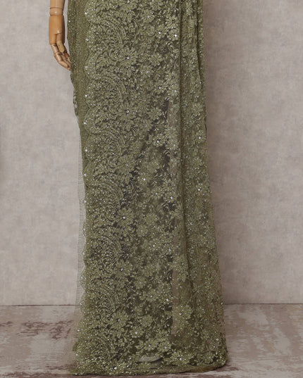 Antique Olive Gold Floral Metallic French Lace Saree Fabric