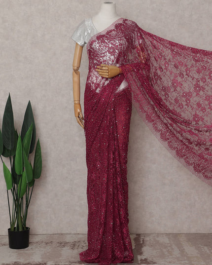 Deep Wine Red Floral Metallic French Lace Saree Fabric