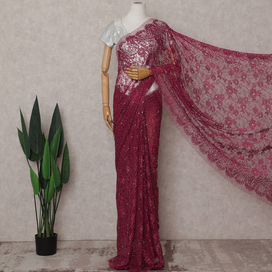 Deep Wine Red Floral Metallic French Lace Saree Fabric