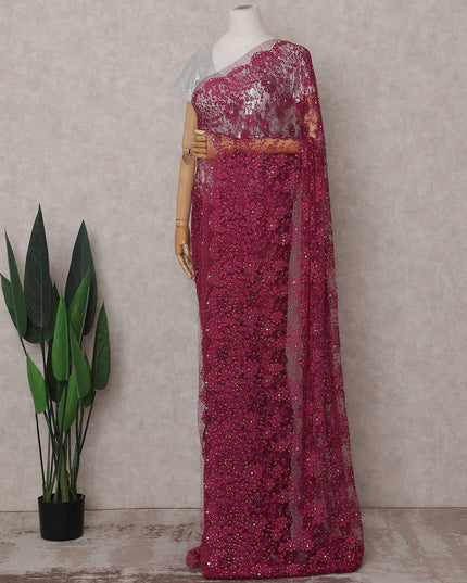 Deep Wine Red Floral Metallic French Lace Saree Fabric