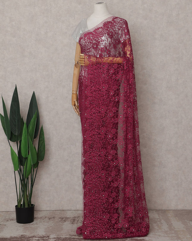 Deep Wine Red Floral Metallic French Lace Saree Fabric