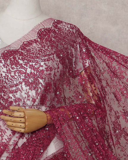 Deep Wine Red Floral Metallic French Lace Saree Fabric