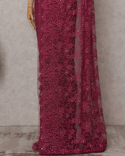 Deep Wine Red Floral Metallic French Lace Saree Fabric