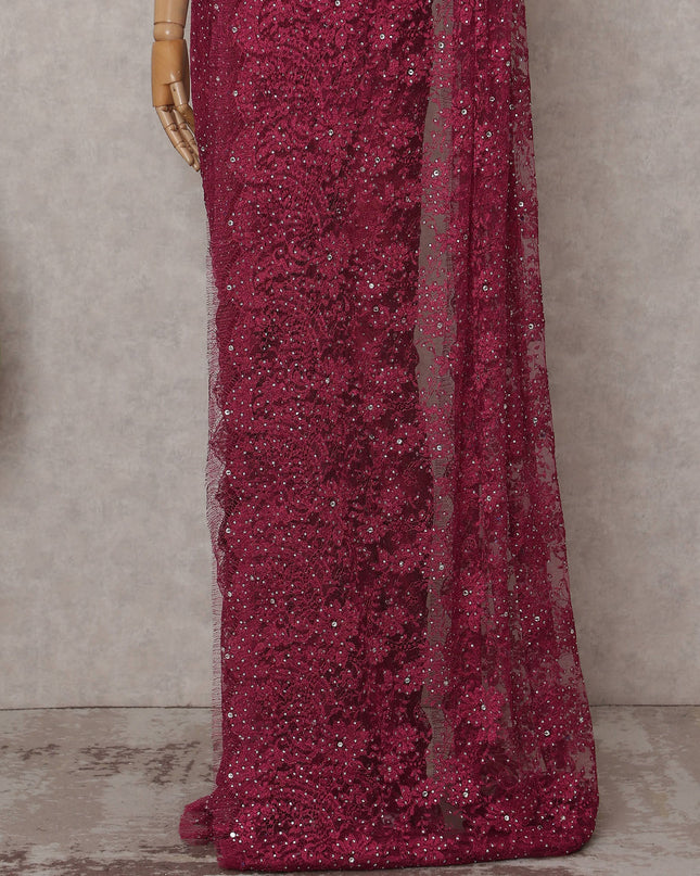 Deep Wine Red Floral Metallic French Lace Saree Fabric