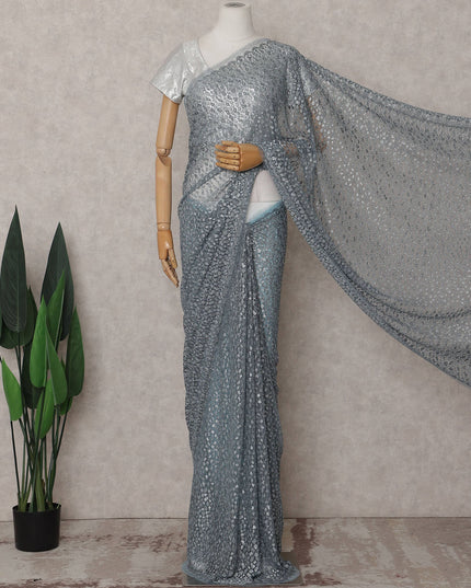 Pewter Grey Dotted Metallic French Lace Saree Fabric