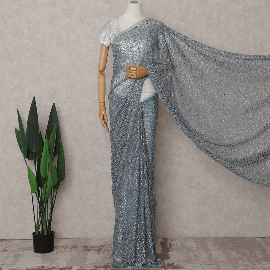 Pewter Grey Dotted Metallic French Lace Saree Fabric