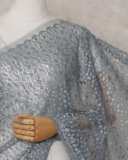 Pewter Grey Dotted Metallic French Lace Saree Fabric