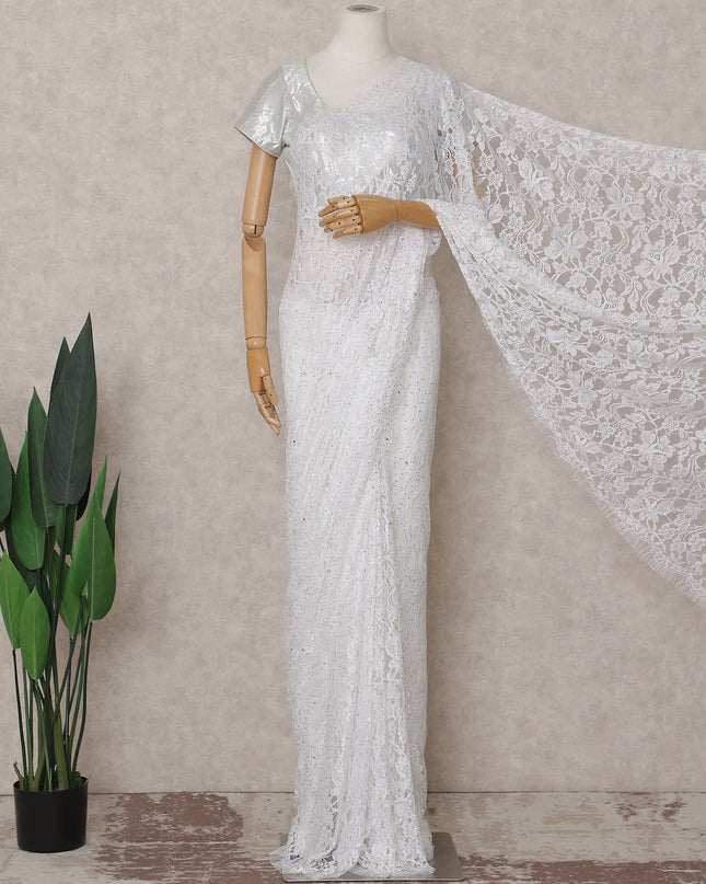 Pearl White Stone Embellished Chantilly Lace Saree