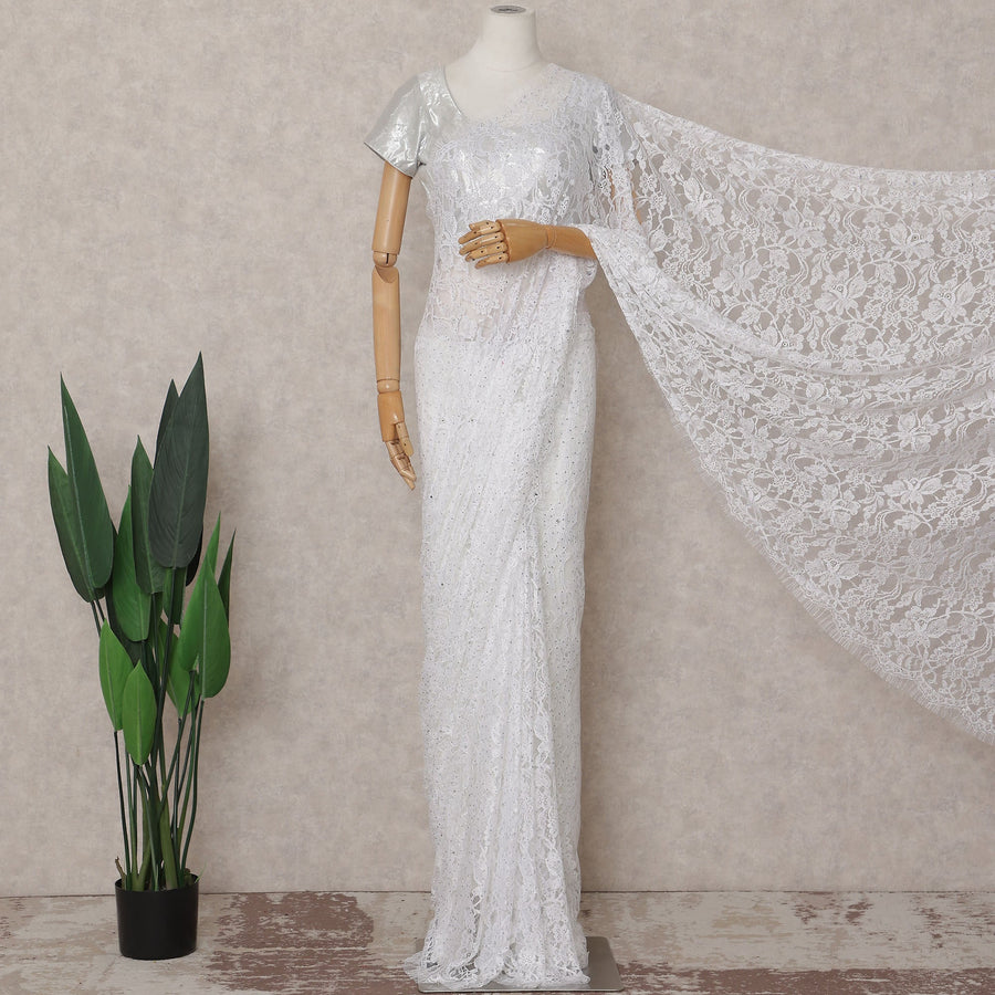 Pearl White Stone Embellished Chantilly Lace Saree